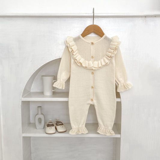 Baby Girl Round Neck Ruffled Stitching Long Climbing Fashionable Stylish Solid Color Jumpsuit