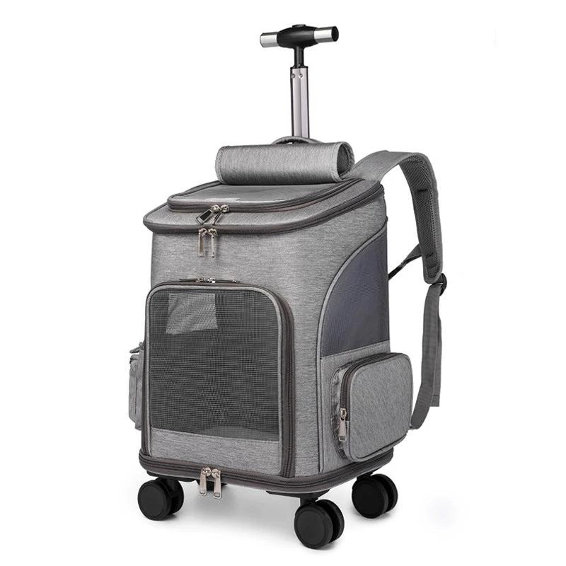 Portable Folding Trolley Pet Backpack Traveling Cat Backpack With Universal Wheel Trolley Pet Bag by GJG Denim