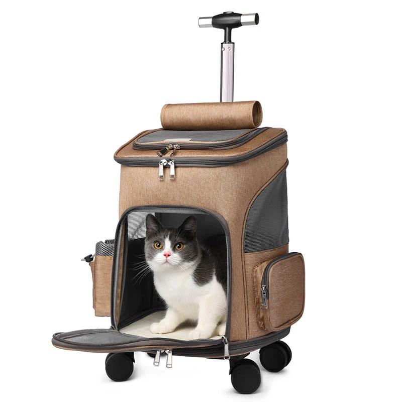 Portable Folding Trolley Pet Backpack Traveling Cat Backpack With Universal Wheel Trolley Pet Bag by GJG Denim