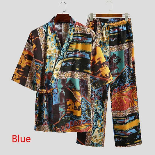 Men's Pajamas Sets Half Sleeve V Neck Printed Lace Up