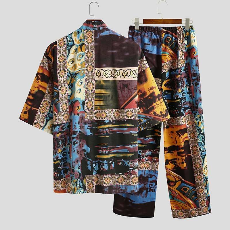 Men's Pajamas Sets Half Sleeve V Neck Printed Lace Up
