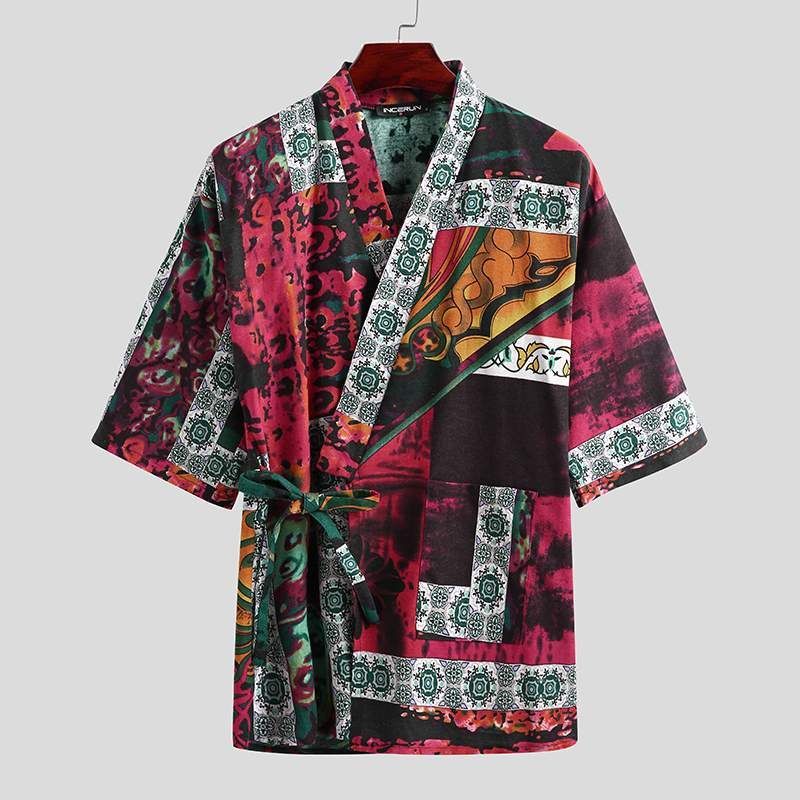 Men's Pajamas Sets Half Sleeve V Neck Printed Lace Up