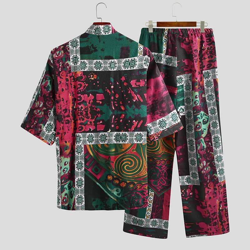 Men's Pajamas Sets Half Sleeve V Neck Printed Lace Up