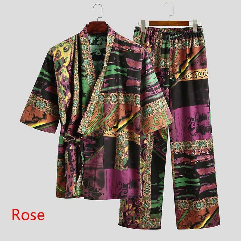 Men's Pajamas Sets Half Sleeve V Neck Printed Lace Up