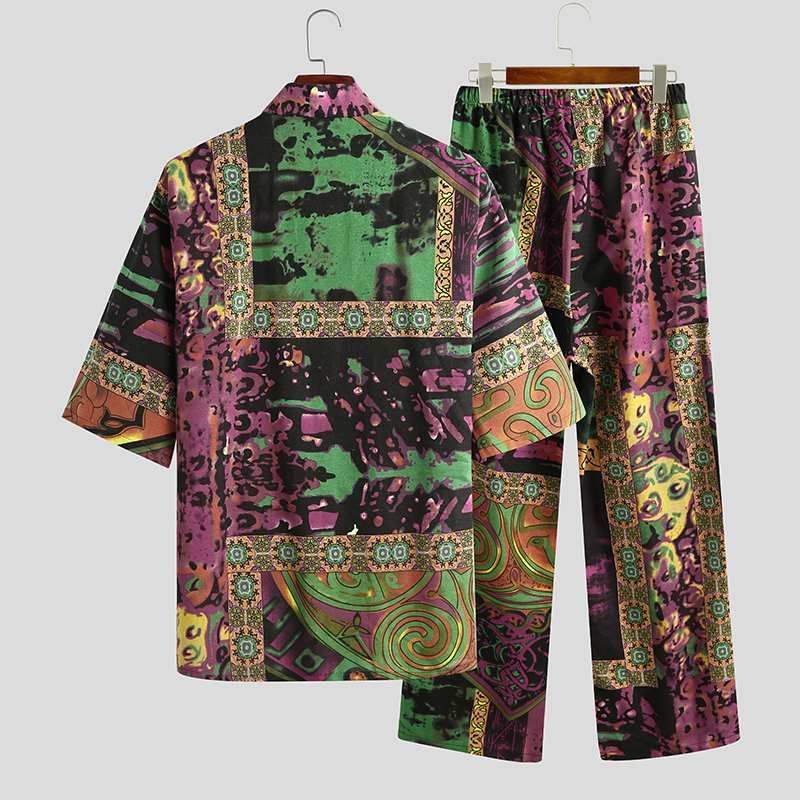 Men's Pajamas Sets Half Sleeve V Neck Printed Lace Up