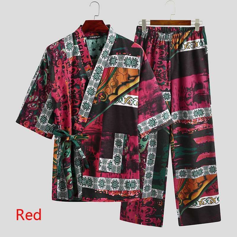 Men's Pajamas Sets Half Sleeve V Neck Printed Lace Up