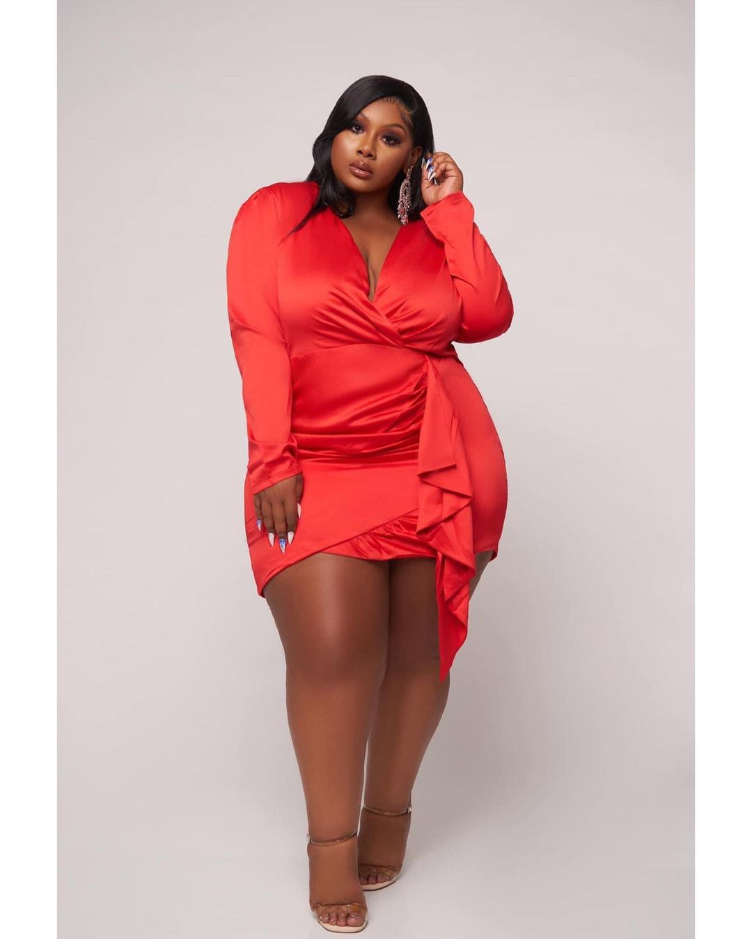Plus Size Long sleeve Satin Short wrap Dress