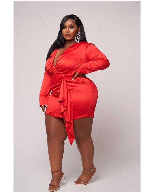 Plus Size Long sleeve Satin Short wrap Dress