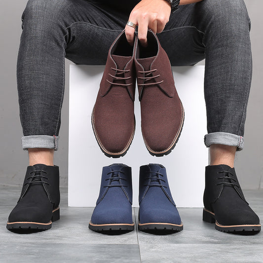 Men's Casual Leather Boots Front Lace up Low Heel