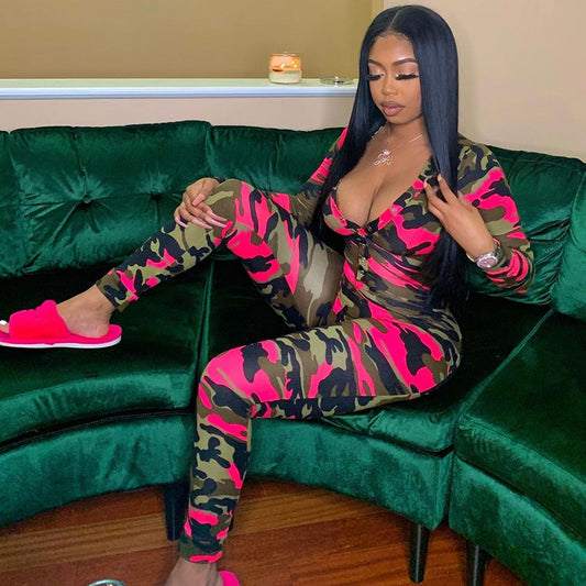 V-neck Romper Camouflage Print Pajamas Sexy One Piece Sleepwear