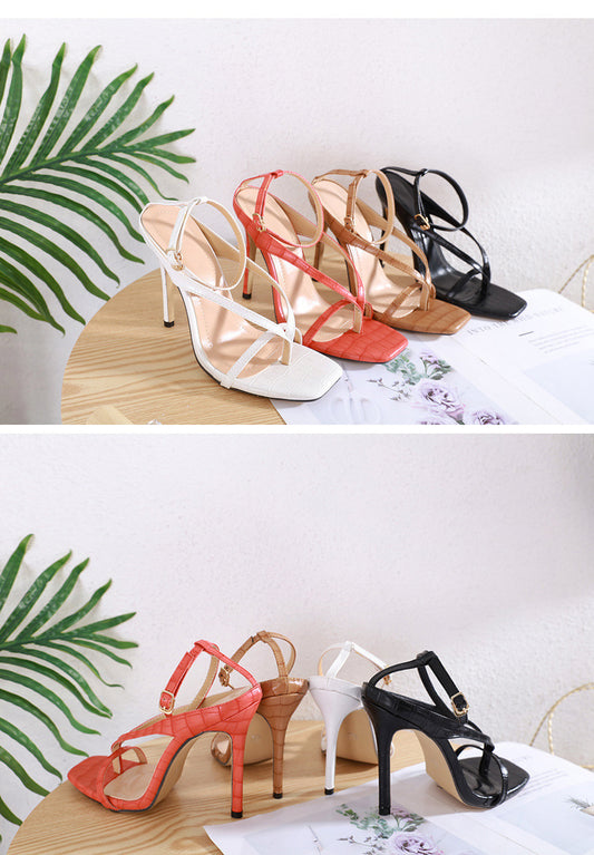 Square Toe Between the Toe Stiletto Strap Around Ankle Sandals
