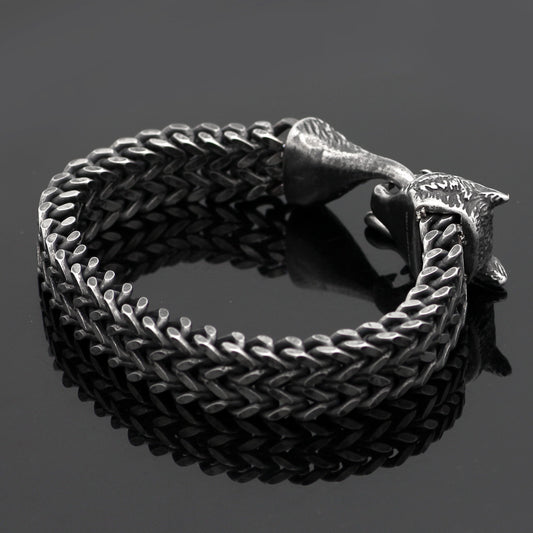 Men's Stainless Steel Vintage Black Wolf Head Cuban Chain Bracelet