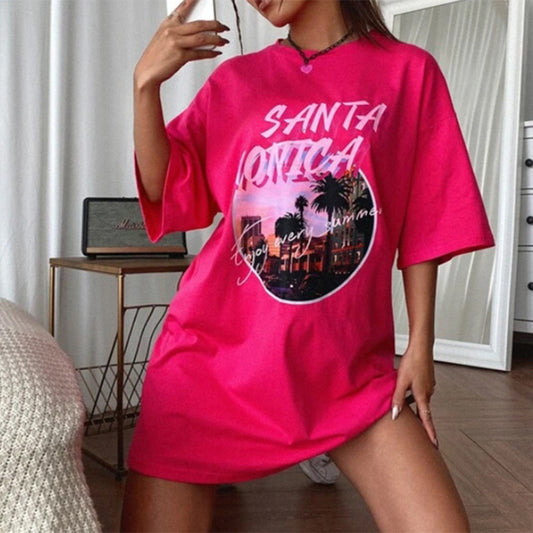 Printed Large Size Loose Short-sleeved Round Neck Mid-length Shirt Blouse