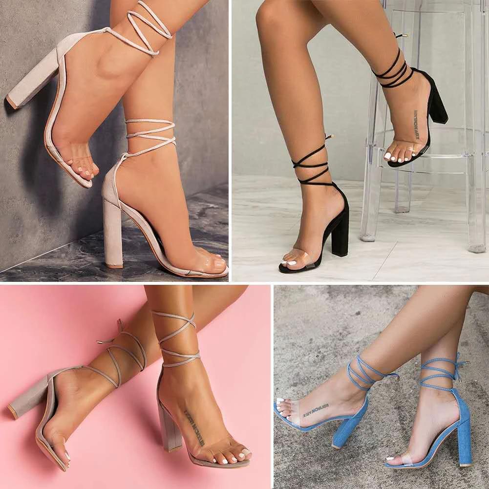 Wish Cross-border Foreign Trade Large Size High Heel Sandals Ladies Thick Heels Fashion Ankle Strap High Heels High Heels by GJG Denim