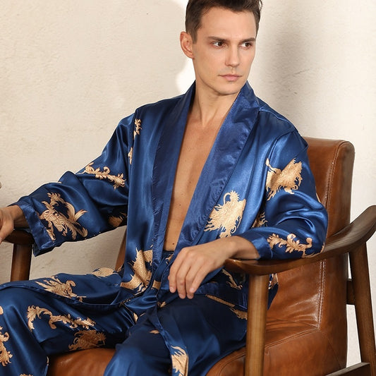 Men's Luxury Silk Robe Long Sleeve/Pants Pajama Set Two-piece