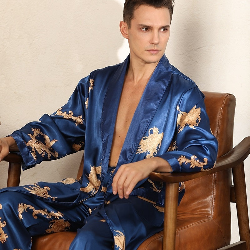 Men's Luxury Silk Robe Long Sleeve/Pants Pajama Set Two-piece