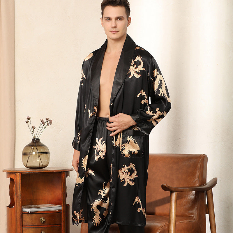 Men's Luxury Silk Robe Long Sleeve/Pants Pajama Set Two-piece