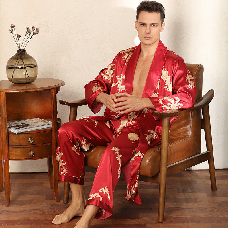Men's Luxury Silk Robe Long Sleeve/Pants Pajama Set Two-piece