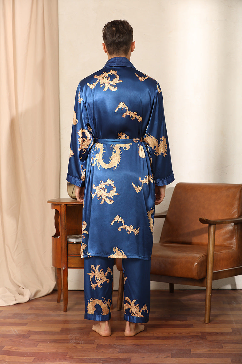 Men's Luxury Silk Robe Long Sleeve/Pants Pajama Set Two-piece