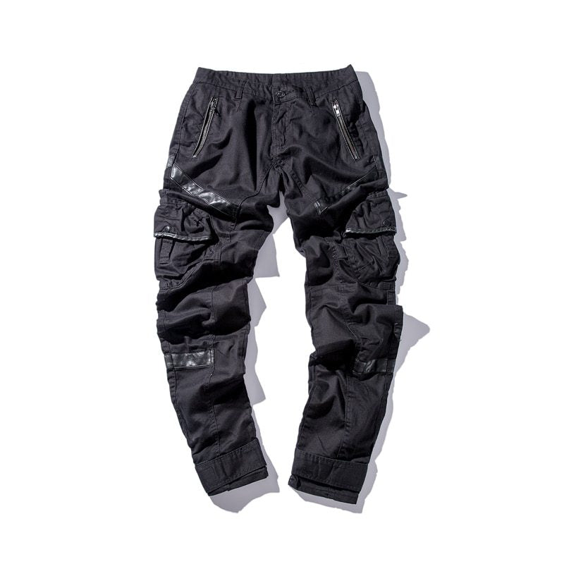 Men High Street Fashion Faux Leather Pocket Splice Casual Cargo Pants