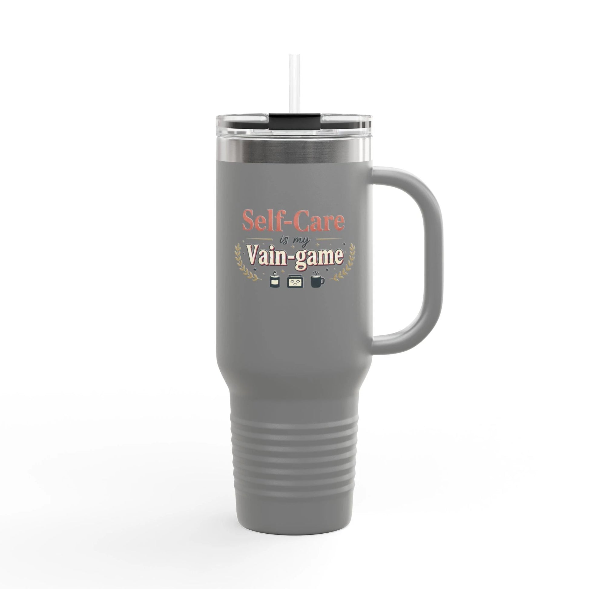 40oz Insulated Travel Mug - "Self-Care is my Vain-Game" Comfort Coffee Tumbler by Printify