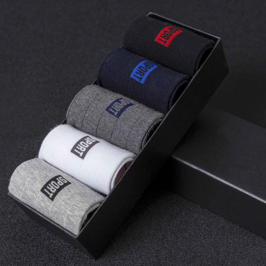 Men's 5 Pairs Breathable Cotton Mid-Tube Sweat-Absorbent Casual Trendy Socks