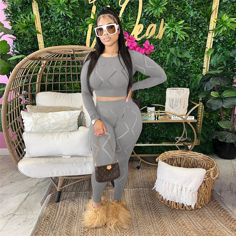 Women's Hollow-out Ripped High Waist Tight Pants Casual Sports Suit