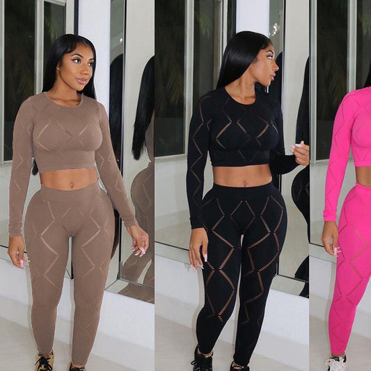 Women's Hollow-out Ripped High Waist Tight Pants Casual Sports Suit
