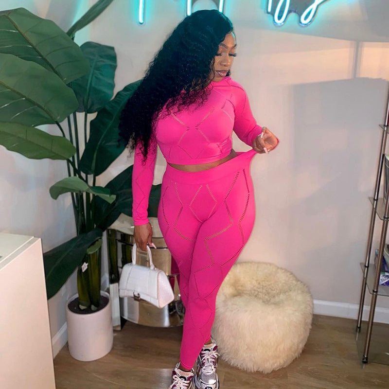 Women's Hollow-out Ripped High Waist Tight Pants Casual Sports Suit