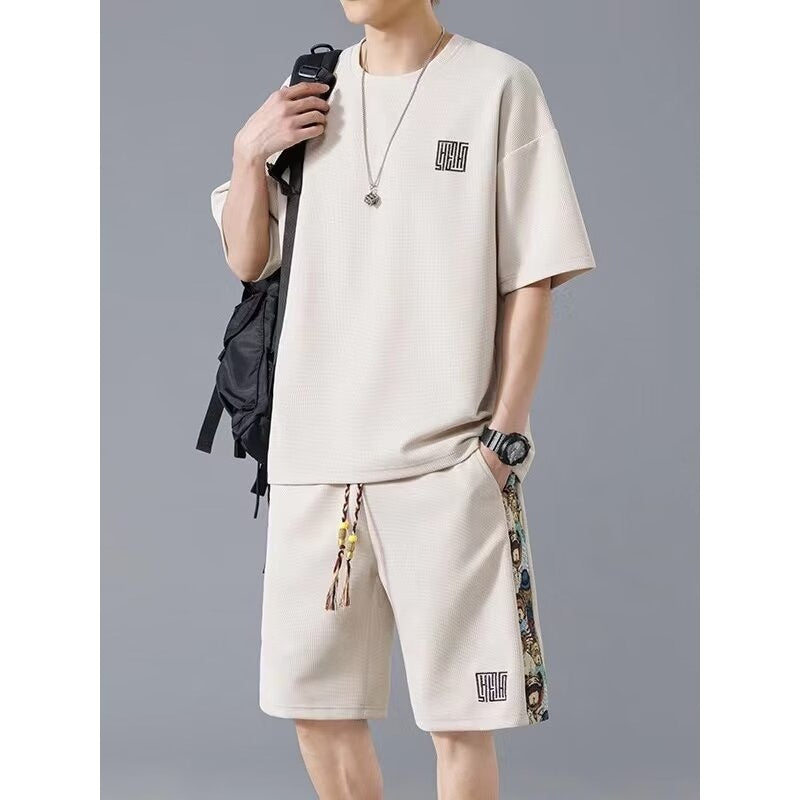 Waffle Embroidery Summer Loose All-match Short Sleeve Two-piece Set