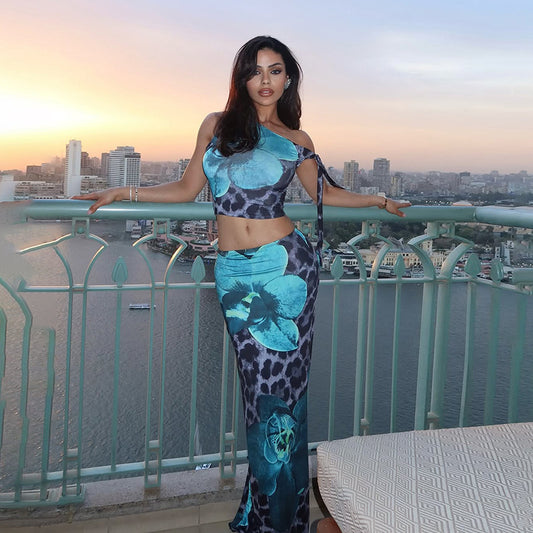 Contrast Color Leopard Print Flower Print Sleeveless Midriff-baring Long Dress Suit