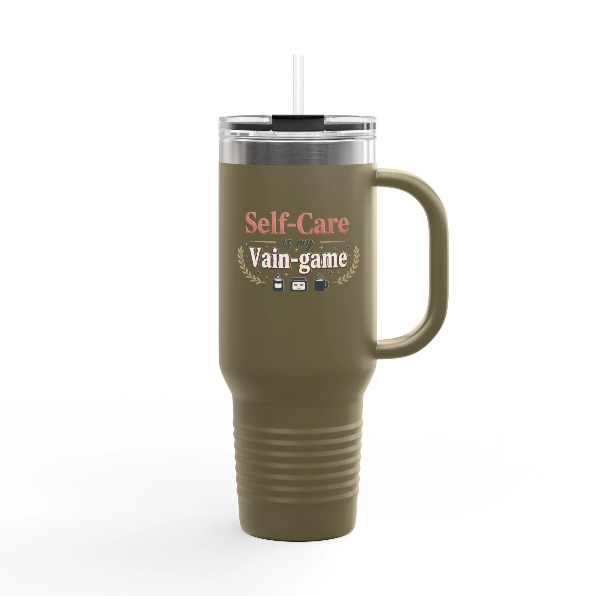 40oz Insulated Travel Mug - "Self-Care is my Vain-Game" Comfort Coffee Tumbler by Printify