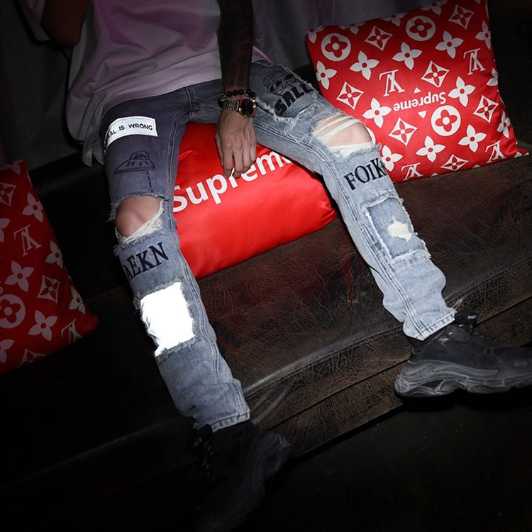 Knee Hole Patch Cloth Jeans For Men