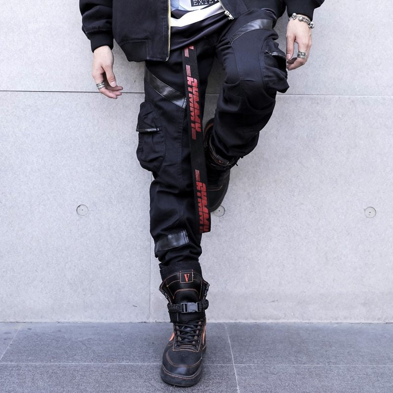 Men High Street Fashion Faux Leather Pocket Splice Casual Cargo Pants