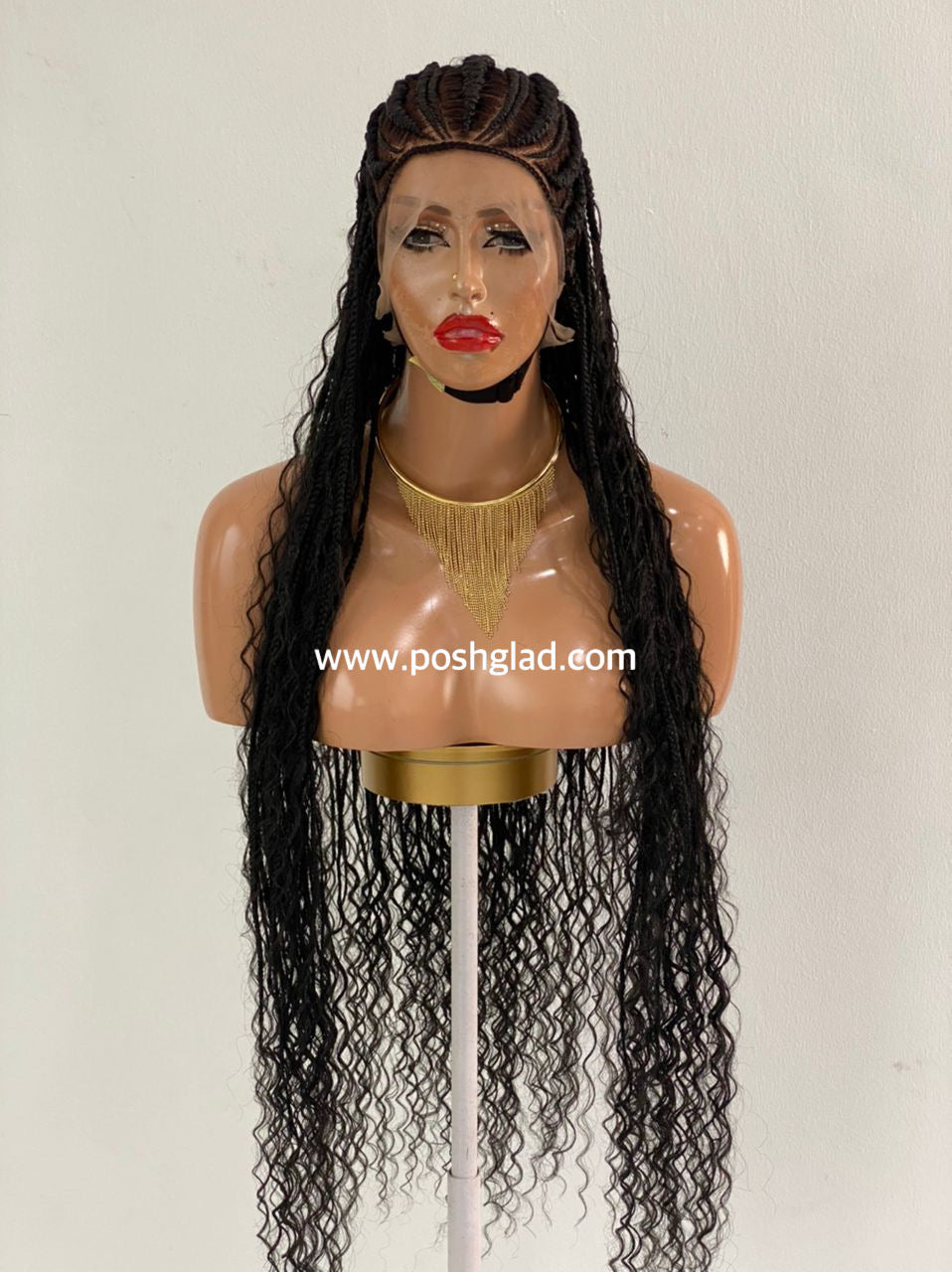 French Cornrow Bohemian Wig, Swiss Full Lace, Black, Waist Length, Standard Density - Leviana