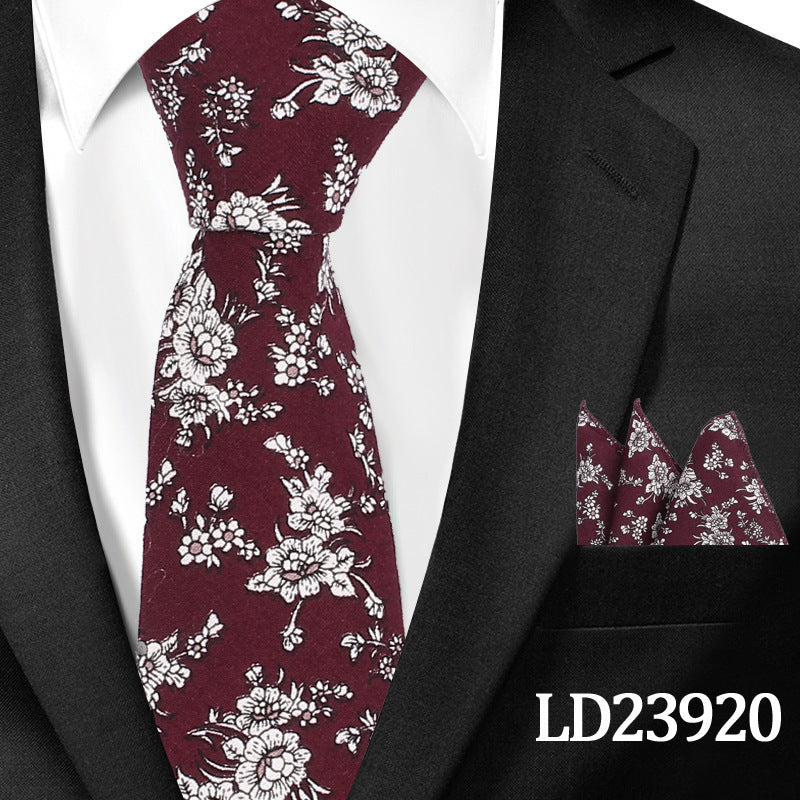 Men's Casual Cotton Floral Print 6cm Tie and Pocket Square