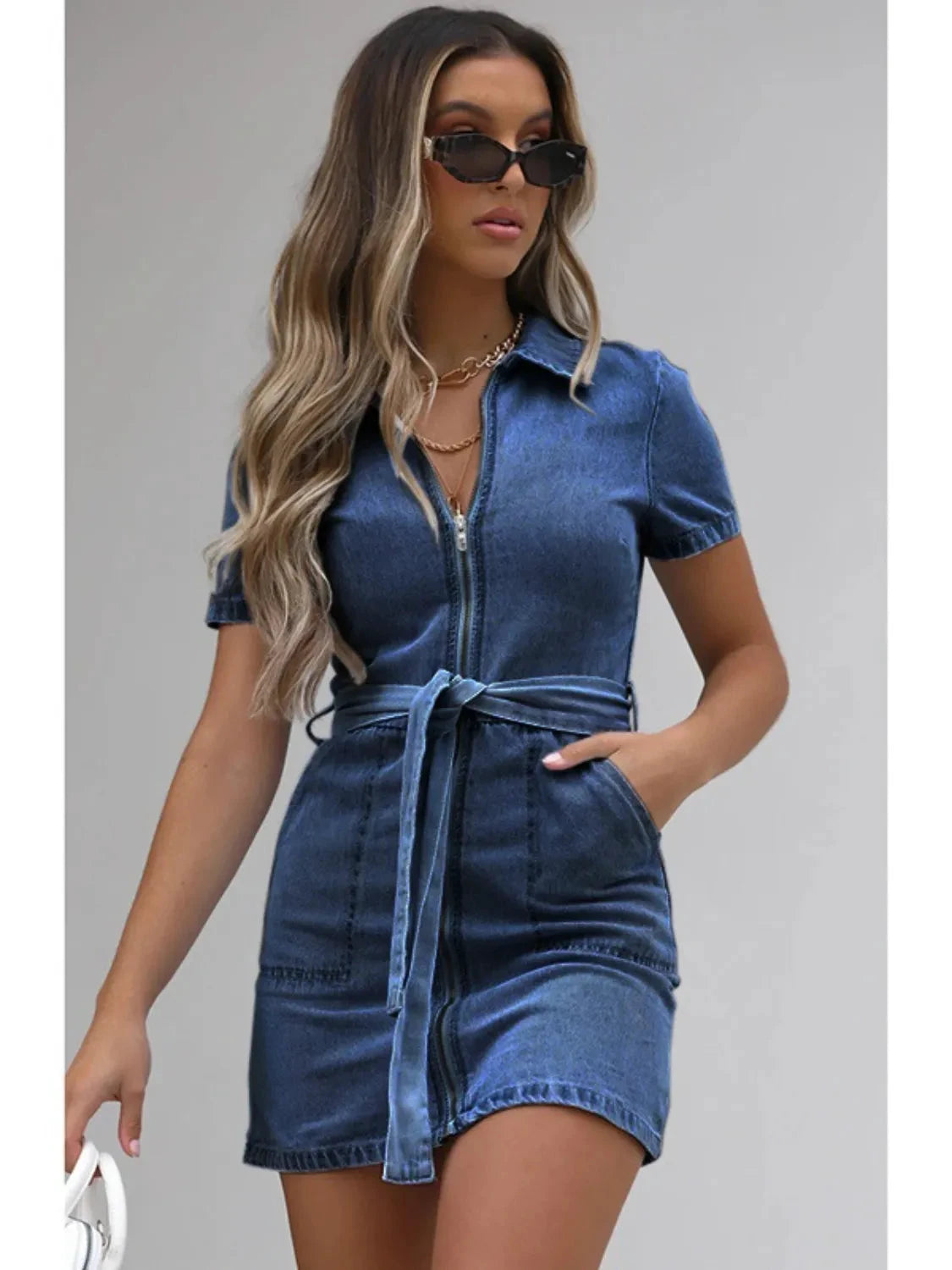 Full Size Zip Front Short Sleeve Denim Dress Plus Size by Lady Ros