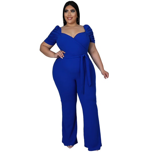 Women's Plus-Size Stand Collar Ruffle Sleeve High-Waist Jumpsuit Wide-Leg Pants