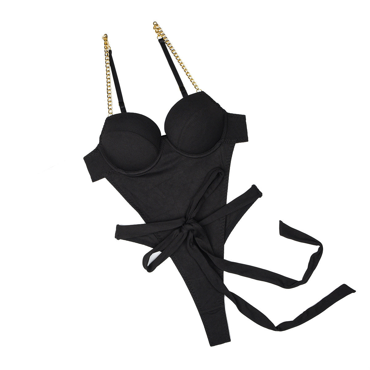 Metal Chain Strap Backless Bodysuit