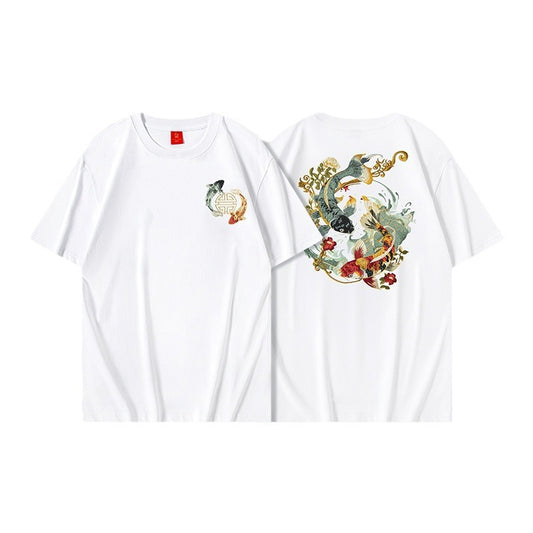 Loose Embroidered Floral Koi Short-sleeved T-shirt For Boys