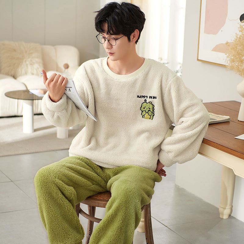 Men's Thick Thermal Pullover Round Neck Flannel Pajamas