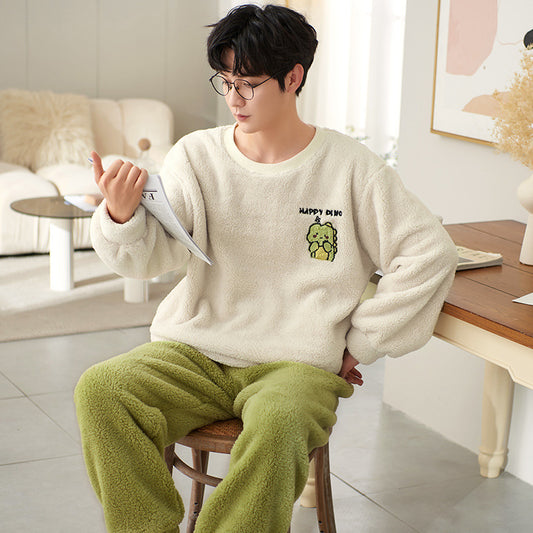 Men's Thick Thermal Pullover Round Neck Flannel Pajamas