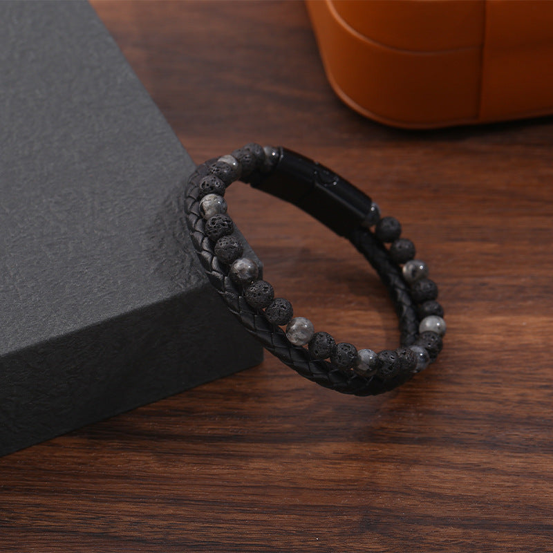 Men's Hand-woven Natural Tigereye Leather Beaded Bracelet