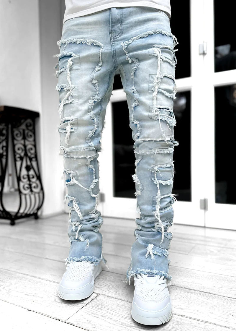 Men's Individual Patched Pants Long Tight Fit Stacked Jeans