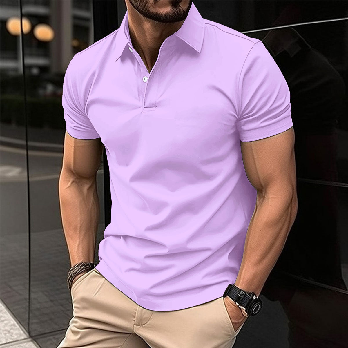 Short Sleeve Polo Shirt Men Solid Color Button Lapel Button Top