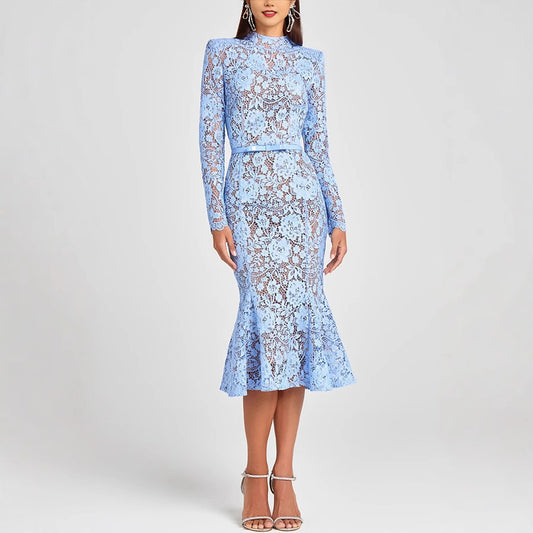 Slim Fit Slimming See-through Lace Hollow Belt Long Sleeve Fishtail Dress