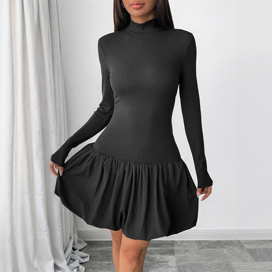 Simple Elegant Basic Turtleneck Long Sleeve Solid Color Dress