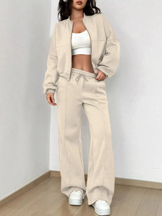 Casual Solid Color Zipper Jacket and Wide Leg Pants Set