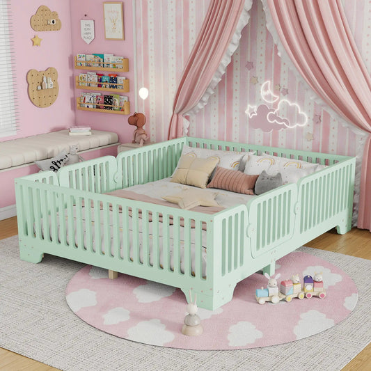 Full Floor Bed With Slats And Fence, Full Size Montessori Floor Beds With Door, No Box Spring Needed, Mint Green by GJG Denim