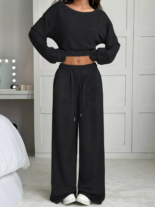 Boat Neck Long Sleeve Top and Pants Set